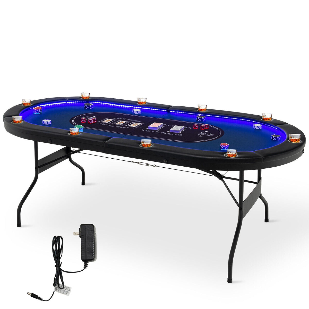 10-Player Foldable Poker Table with LED Lights and USB Ports-Game Room Products-DECOROLALA