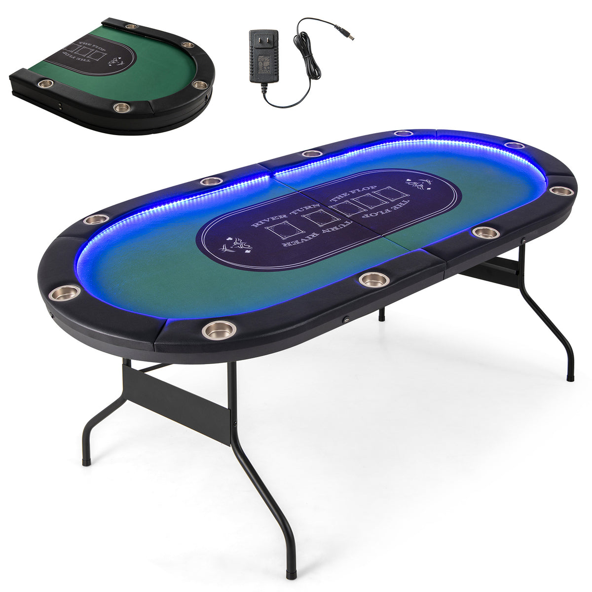 10-Player Foldable Poker Table with LED Lights and USB Ports-Game Room Products-DECOROLALA