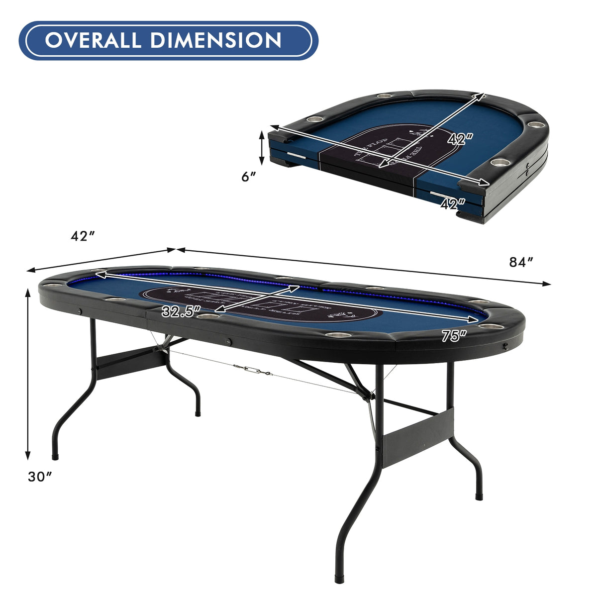 10-Player Foldable Poker Table with LED Lights and USB Ports-Game Room Products-DECOROLALA