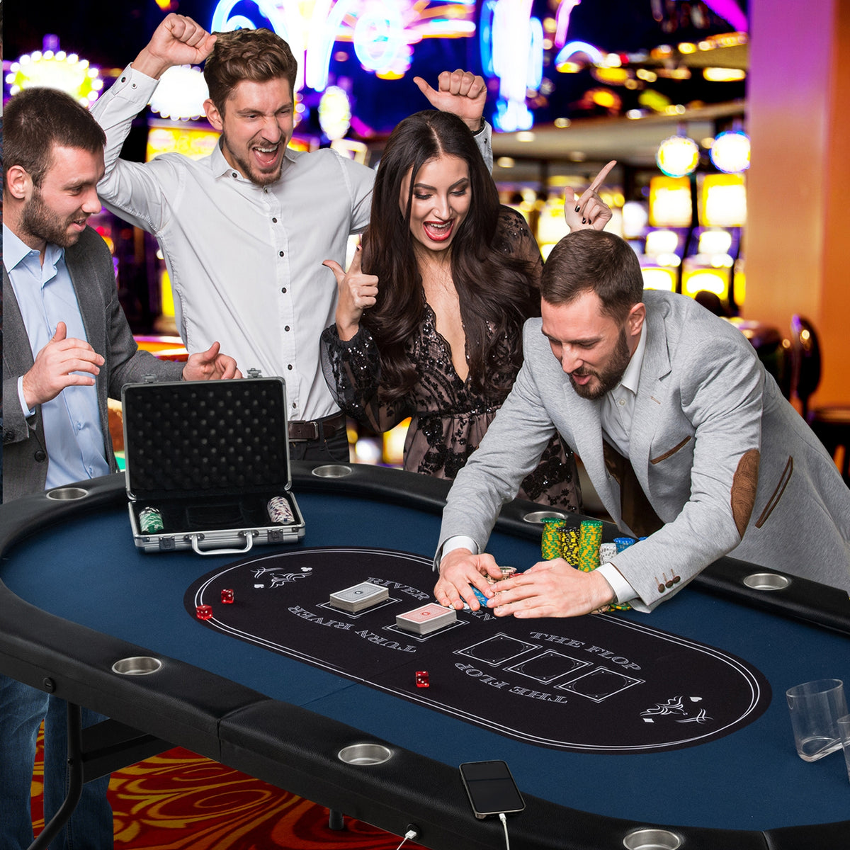 10-Player Foldable Poker Table with LED Lights and USB Ports-Game Room Products-DECOROLALA