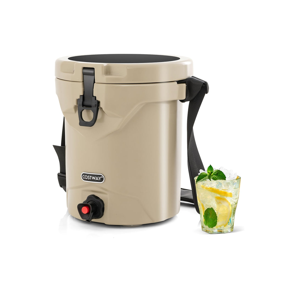 10 QT Drink Cooler Insulated Ice Chest with Spigot Flat Seat Lid and Adjustable Strap-Beige-Coolers-DECOROLALA