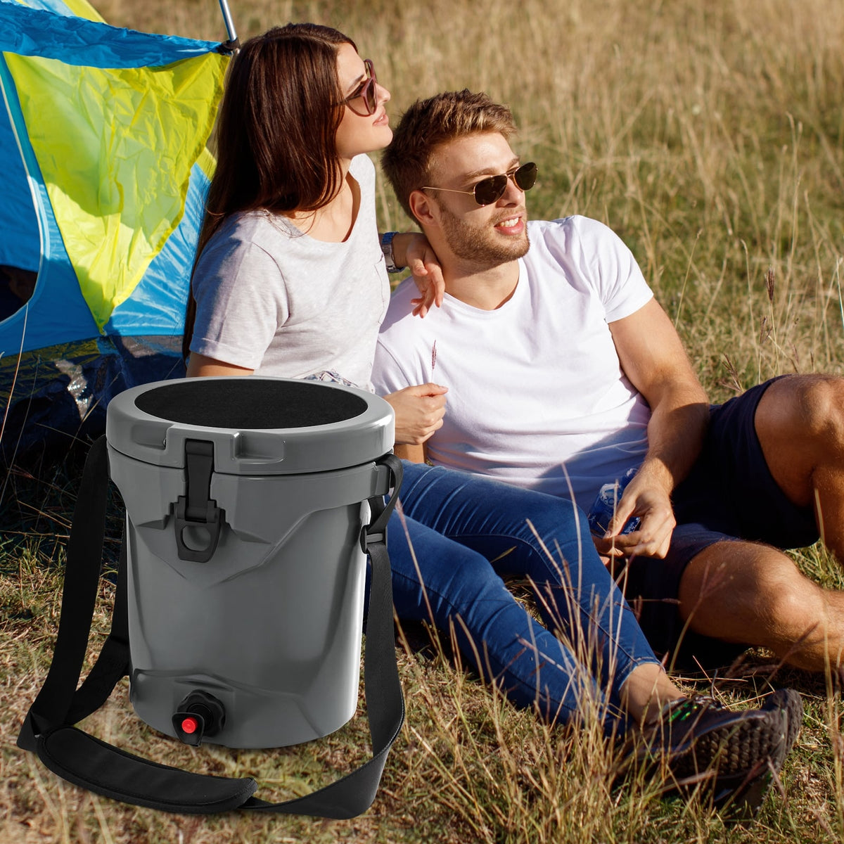 10 QT Drink Cooler Insulated Ice Chest with Spigot Flat Seat Lid and Adjustable Strap-Gray-Coolers-DECOROLALA
