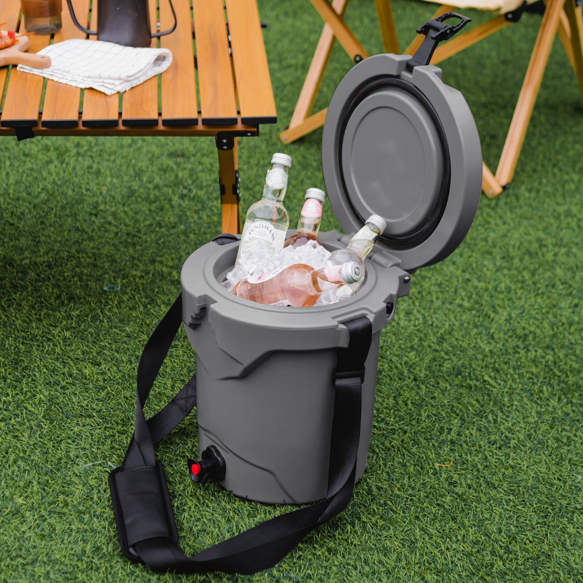 10 QT Drink Cooler Insulated Ice Chest with Spigot Flat Seat Lid and Adjustable Strap-Gray-Coolers-DECOROLALA