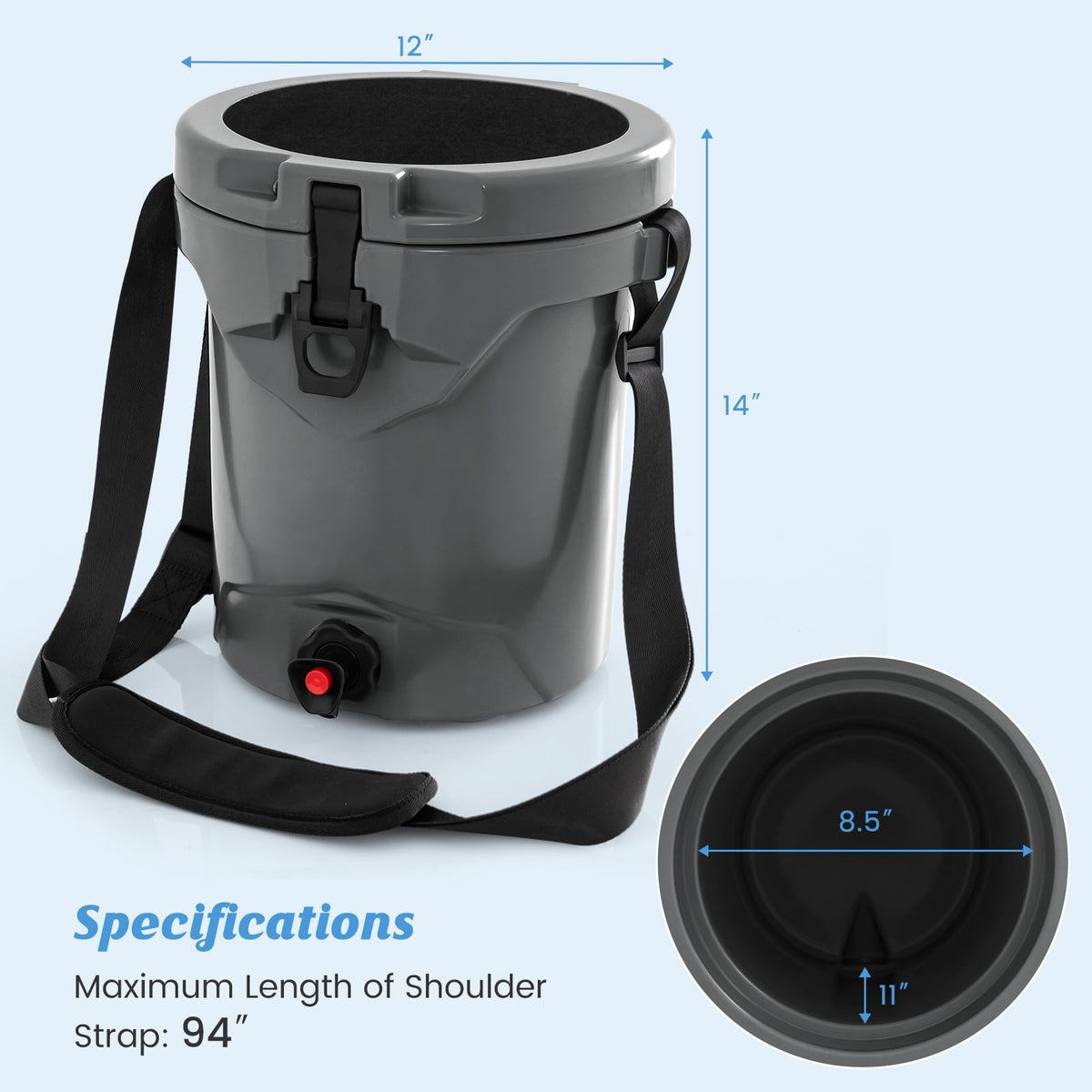 10 QT Drink Cooler Insulated Ice Chest with Spigot Flat Seat Lid and Adjustable Strap-Gray-Coolers-DECOROLALA