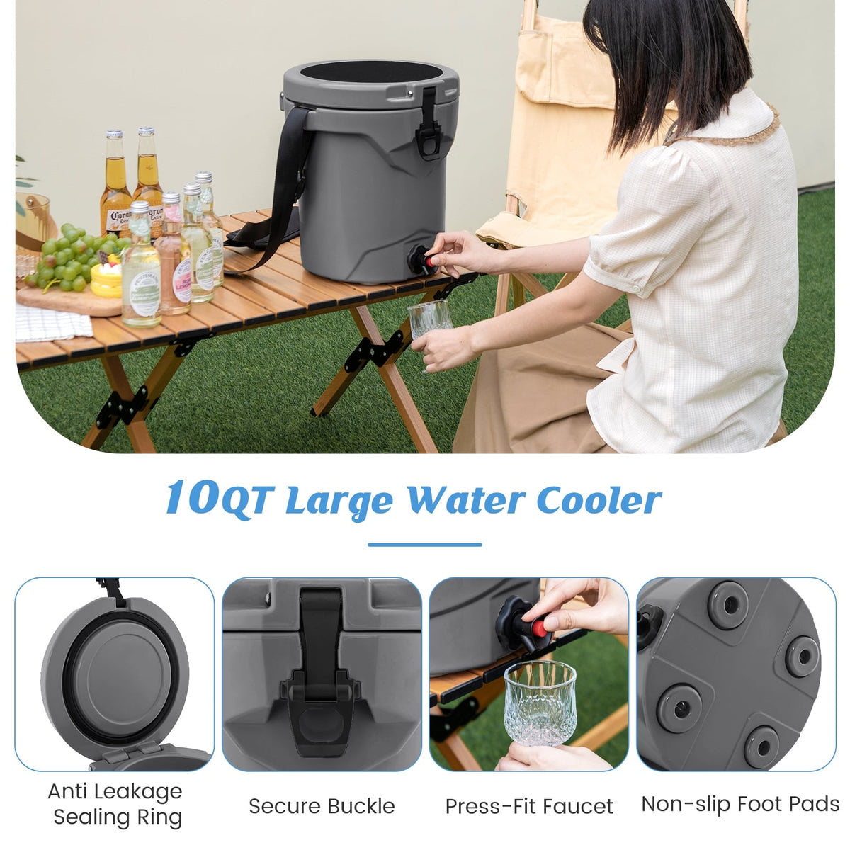 10 QT Drink Cooler Insulated Ice Chest with Spigot Flat Seat Lid and Adjustable Strap-Gray-Coolers-DECOROLALA