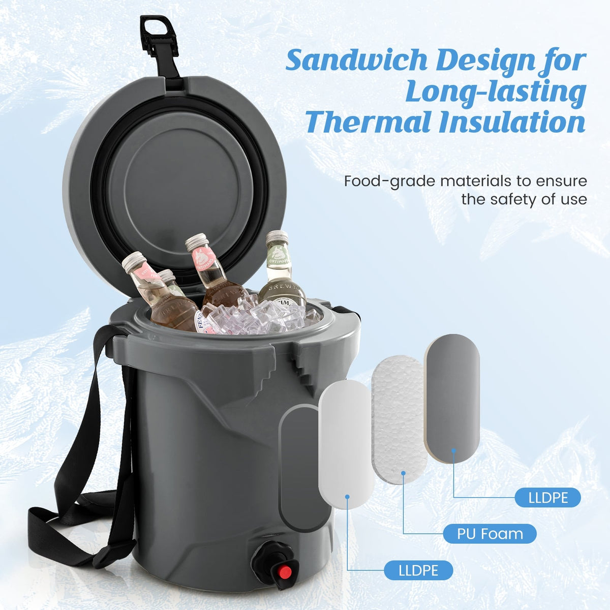 10 QT Drink Cooler Insulated Ice Chest with Spigot Flat Seat Lid and Adjustable Strap-Gray-Coolers-DECOROLALA