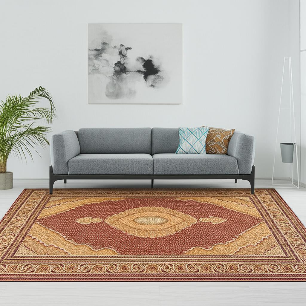 10' Red And Beige Oriental Runner Rug-Area Rugs-DECOROLALA