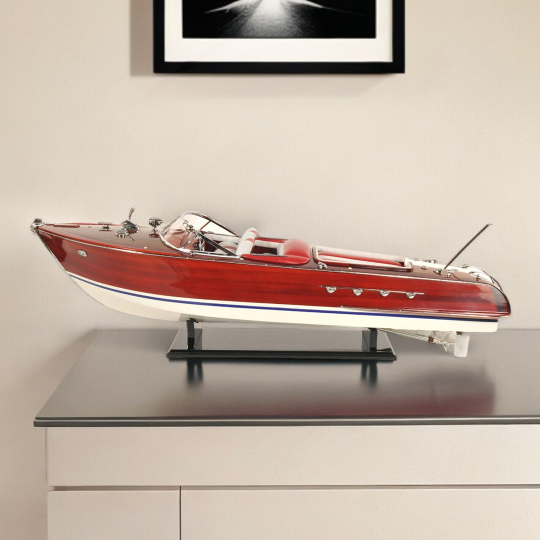 10" Red White And Brown Manufactured Wood Hand Painted Decorative Boat-Sculptures-DECOROLALA