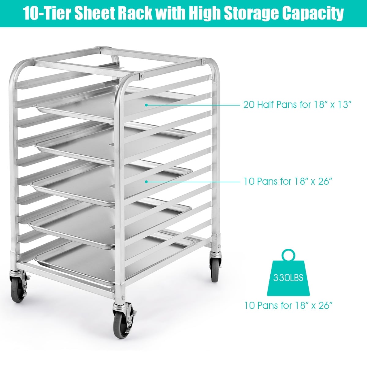 10 Sheets Aluminum Rolling Bakery Pan Rack-Baker’s Racks-DECOROLALA