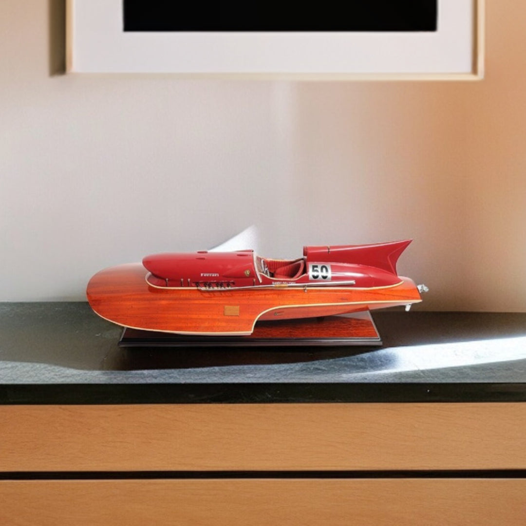 10" Solid Wood Hand Painted Ferrari Hydroplane Large Model Boat-Sculptures-DECOROLALA
