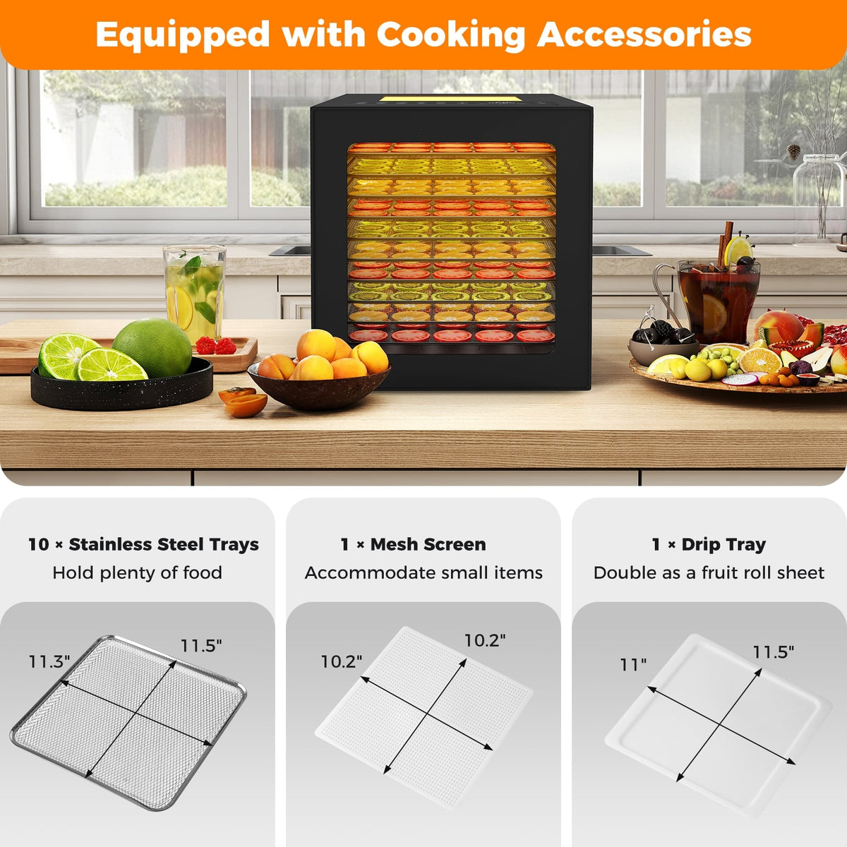 10 Stainless Steel Trays Dryer with 10 Presets-Black-Food Warmers & Burners-DECOROLALA