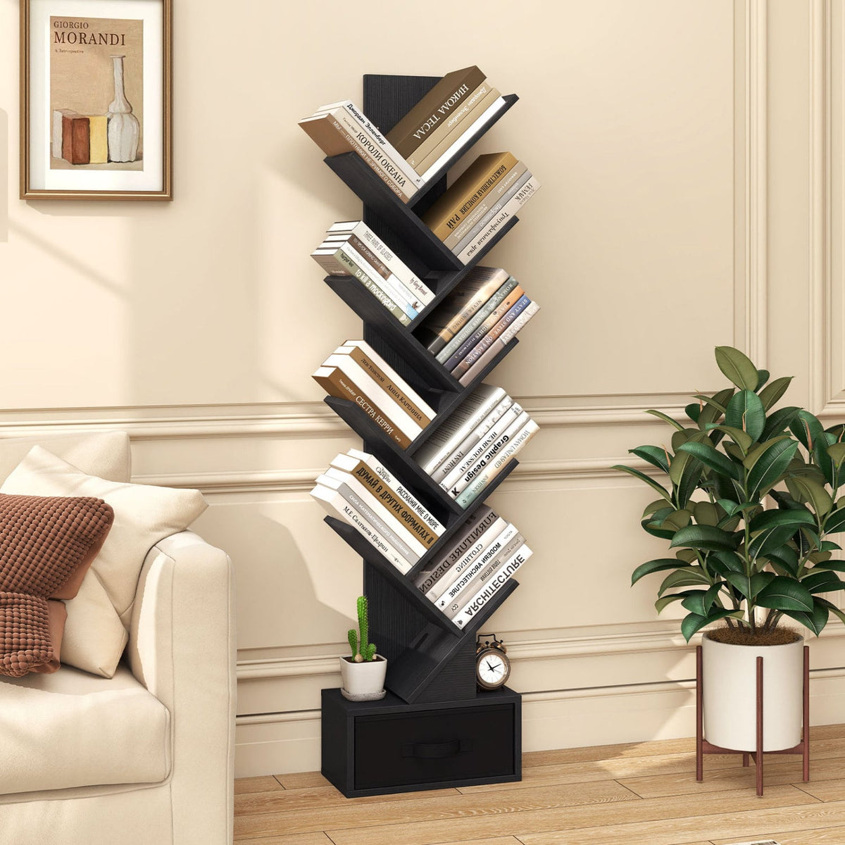 10-Tier Bookshelf with Drawer Free-standing Storage Bookcase-Black-Bookcases-DECOROLALA