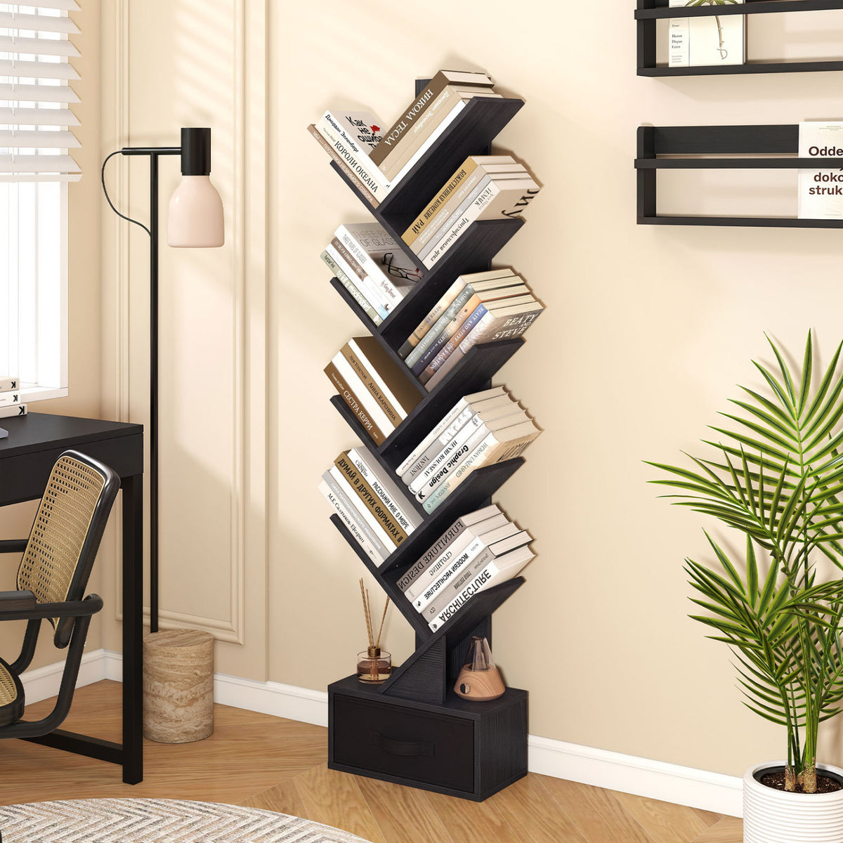 10-Tier Bookshelf with Drawer Free-standing Storage Bookcase-Black-Bookcases-DECOROLALA