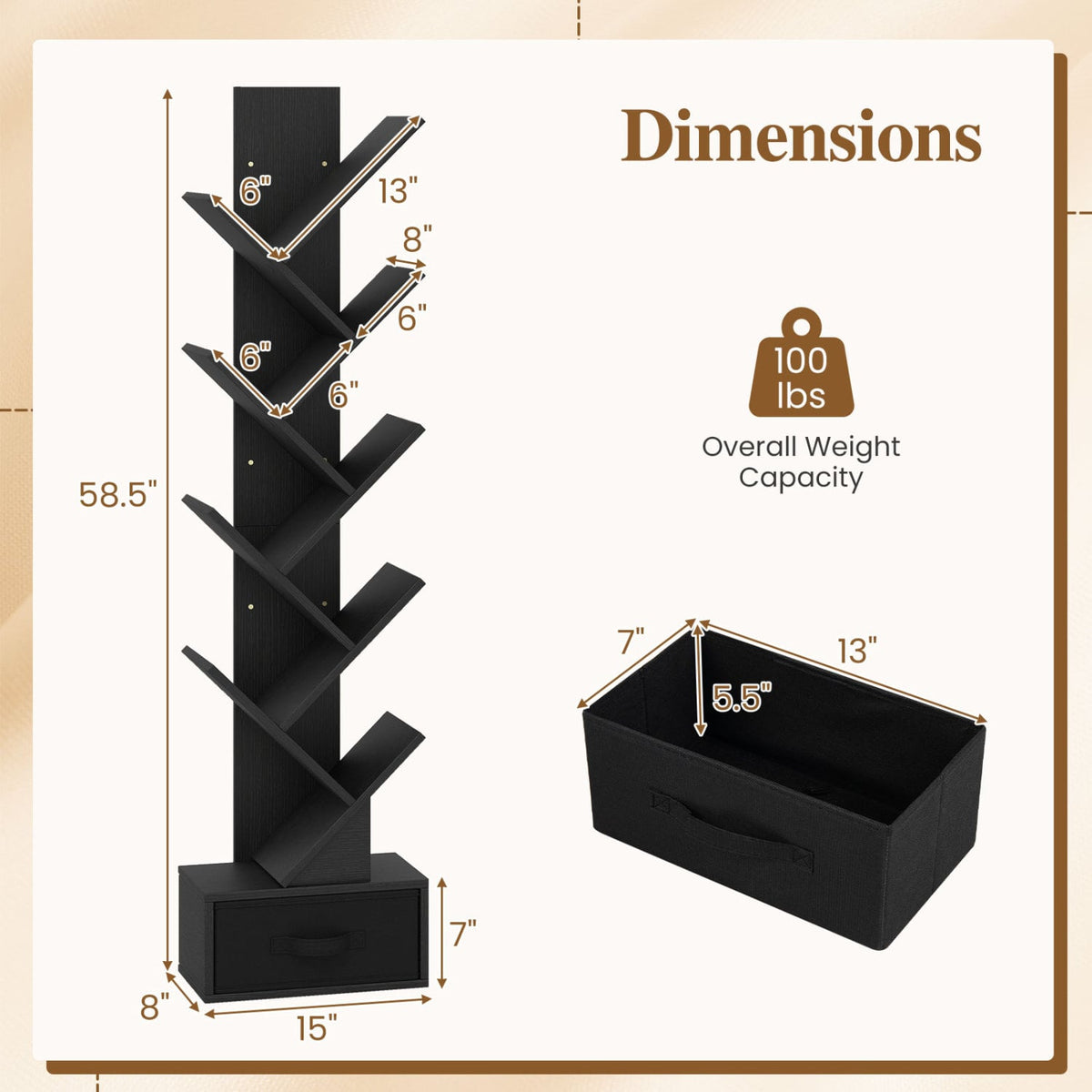10-Tier Bookshelf with Drawer Free-standing Storage Bookcase-Black-Bookcases-DECOROLALA