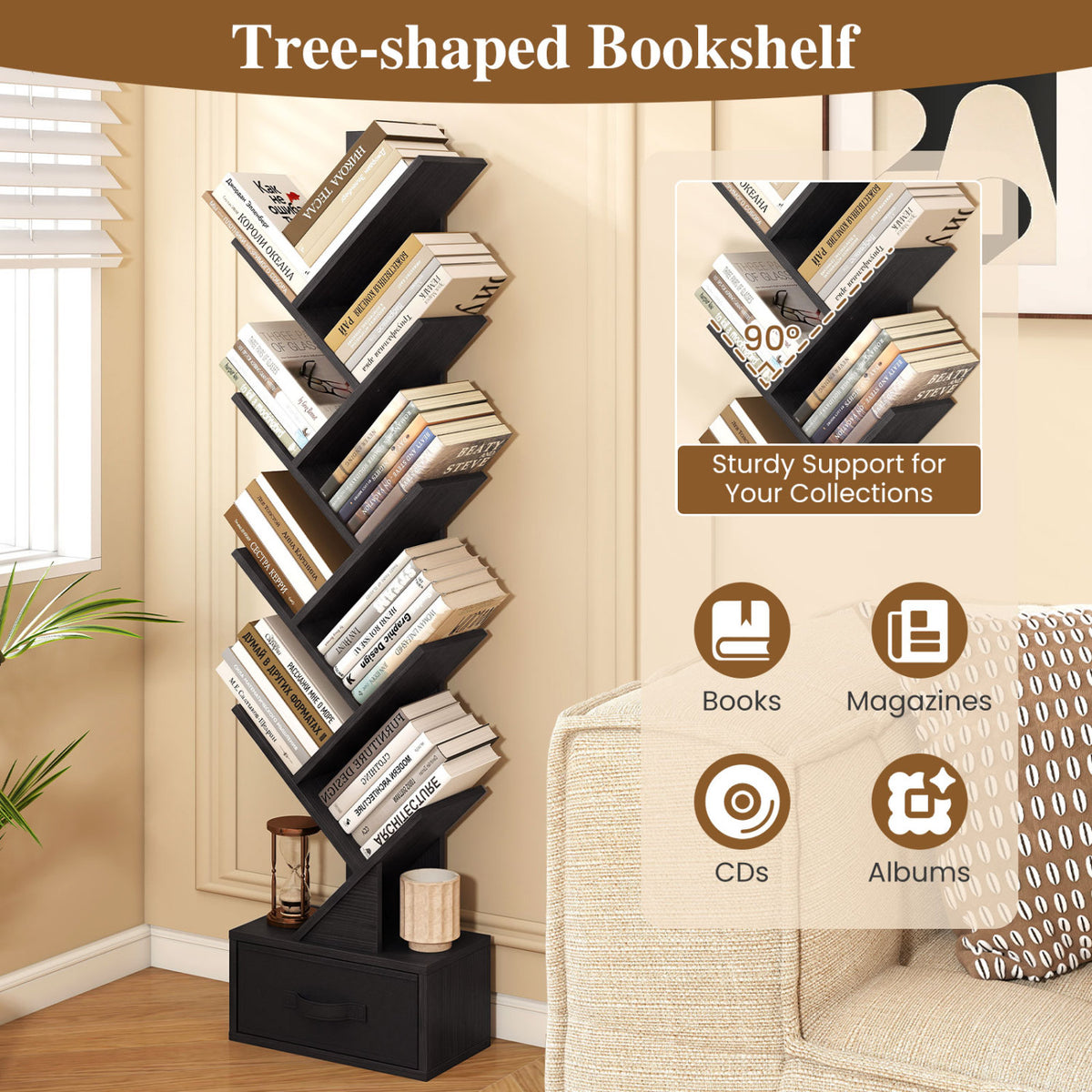 10-Tier Bookshelf with Drawer Free-standing Storage Bookcase-Black-Bookcases-DECOROLALA