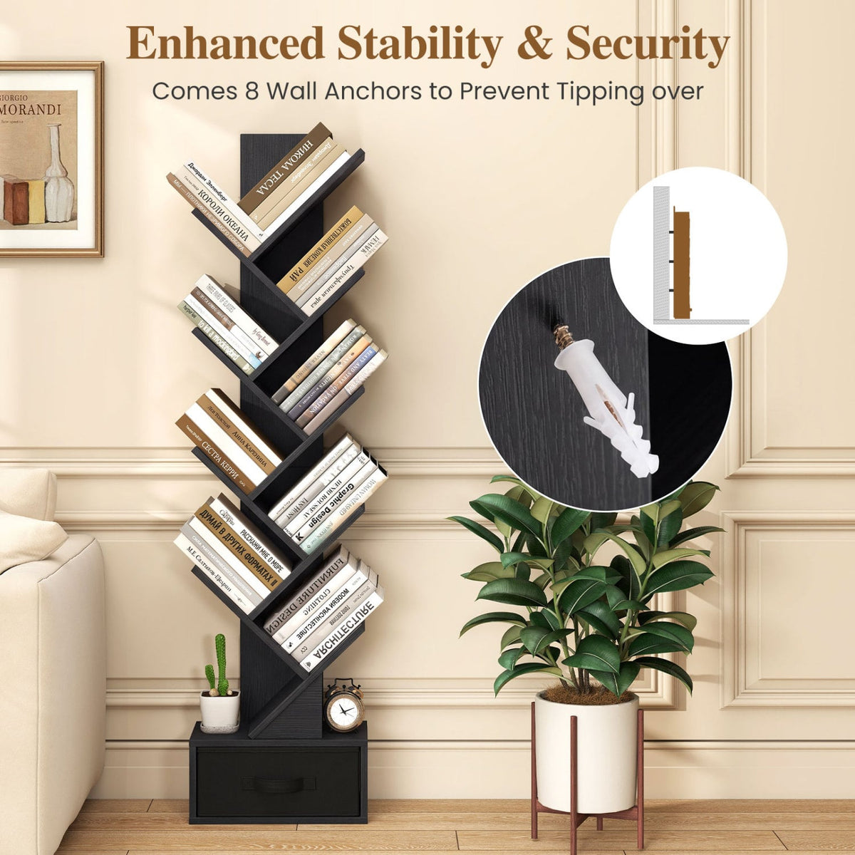 10-Tier Bookshelf with Drawer Free-standing Storage Bookcase-Black-Bookcases-DECOROLALA