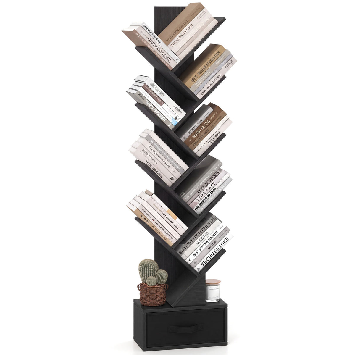 10-Tier Bookshelf with Drawer Free-standing Storage Bookcase-Black-Bookcases-DECOROLALA
