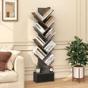 10-Tier Bookshelf with Drawer Free-standing Storage Bookcase-Gray & Black-Bookcases-DECOROLALA