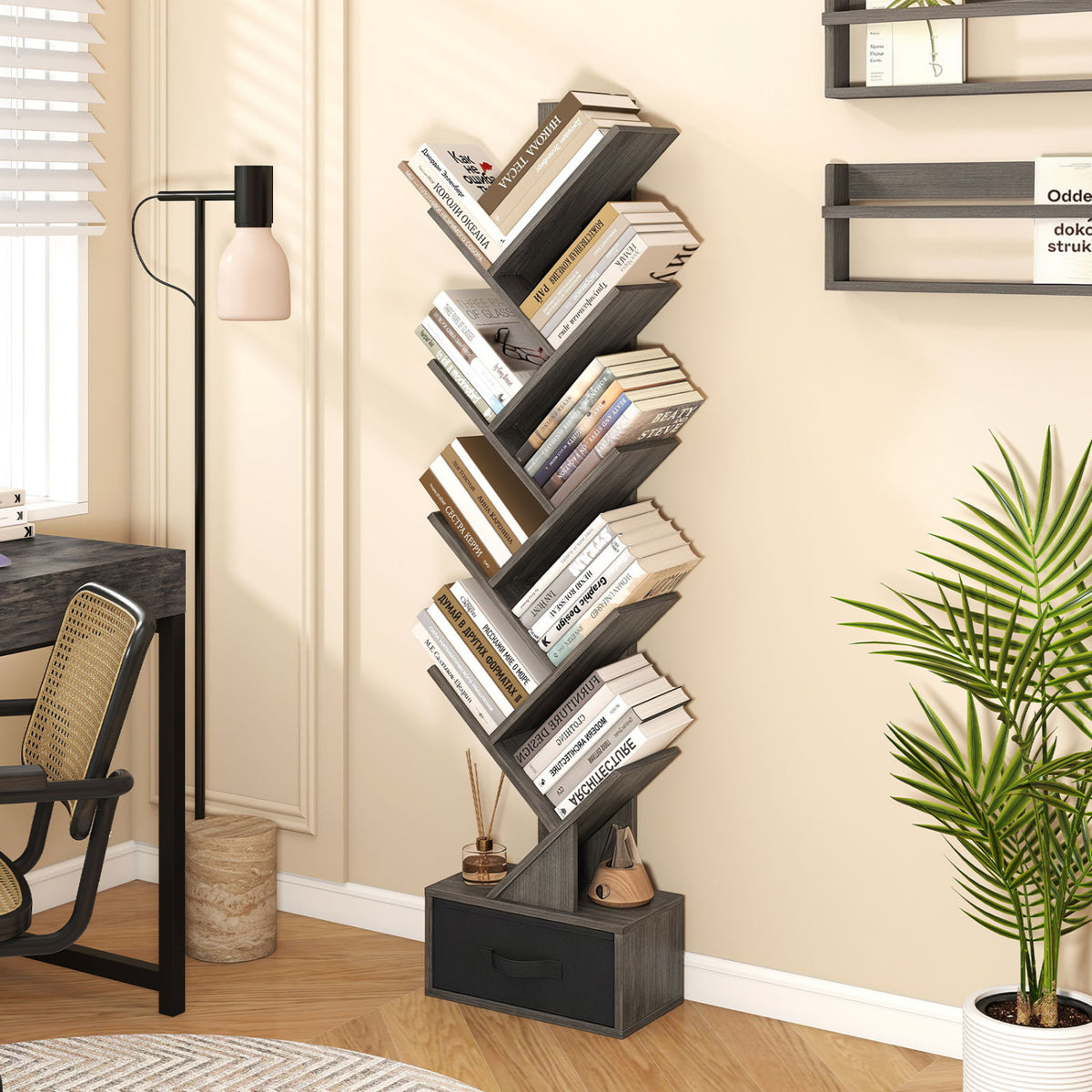 10-Tier Bookshelf with Drawer Free-standing Storage Bookcase-Gray & Black-Bookcases-DECOROLALA
