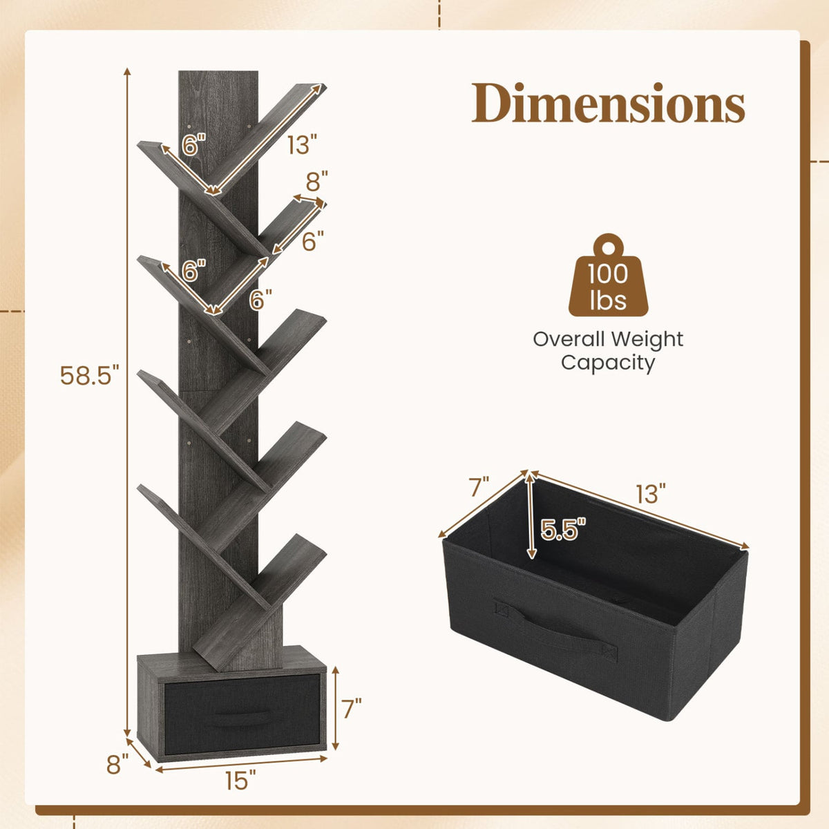 10-Tier Bookshelf with Drawer Free-standing Storage Bookcase-Gray & Black-Bookcases-DECOROLALA