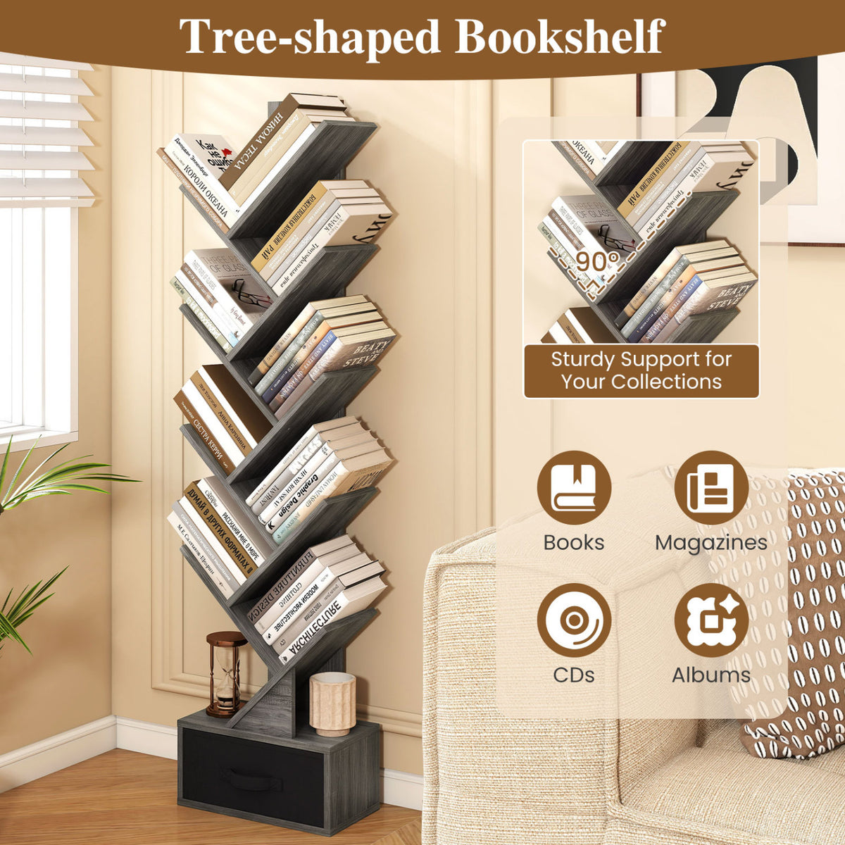 10-Tier Bookshelf with Drawer Free-standing Storage Bookcase-Gray & Black-Bookcases-DECOROLALA
