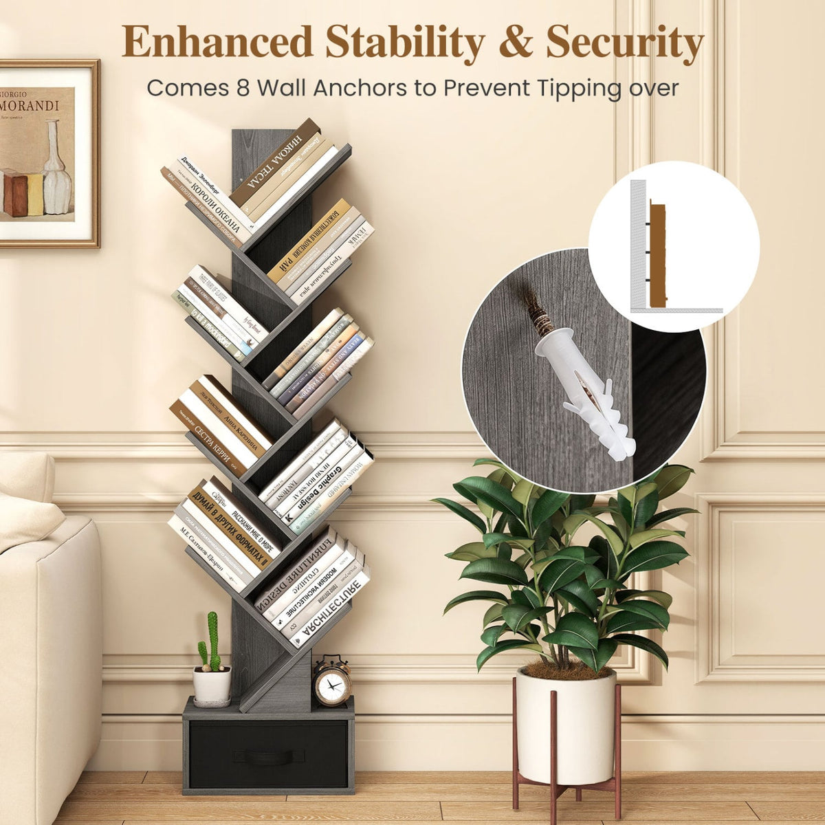 10-Tier Bookshelf with Drawer Free-standing Storage Bookcase-Gray & Black-Bookcases-DECOROLALA