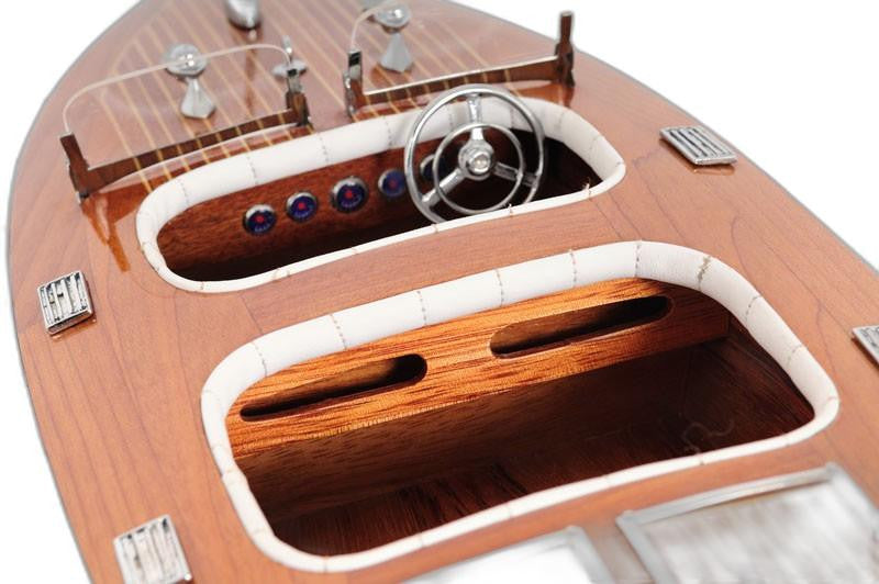 10" Wood Brown Solid Wood Hand Painted Model Boat Tabletop Sculpture-Sculptures-DECOROLALA