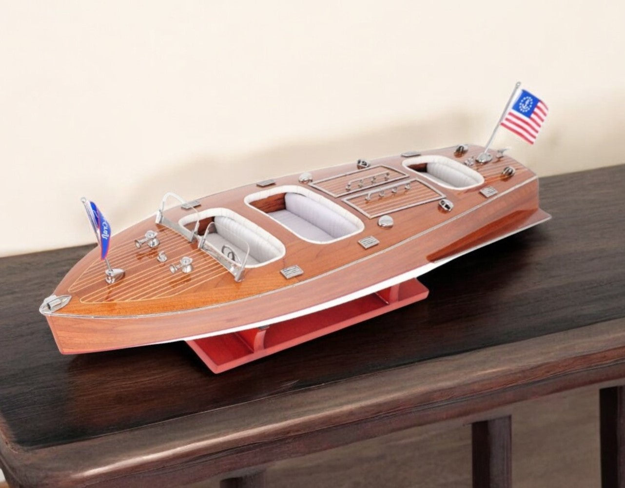 10" Wood Brown Solid Wood Hand Painted Model Boat Tabletop Sculpture-Sculptures-DECOROLALA