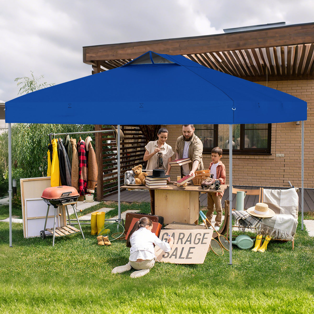 10 X 10 FT Foldable Outdoor Patio Shelter Canopy Tent with 1-Push Center Lock-Blue-Canopies-DECOROLALA