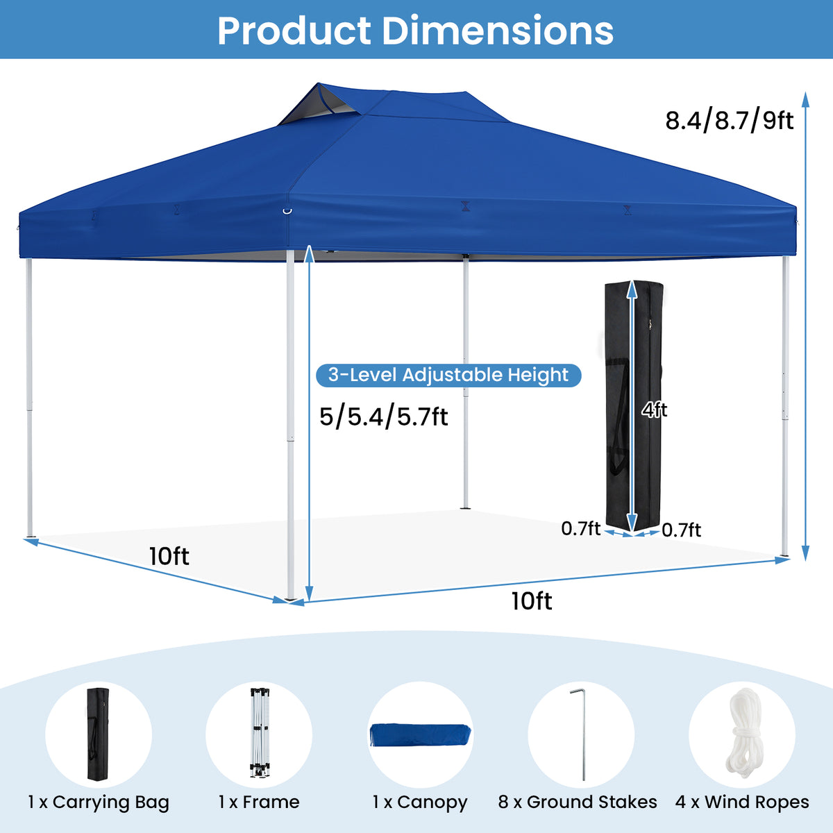 10 X 10 FT Foldable Outdoor Patio Shelter Canopy Tent with 1-Push Center Lock-Blue-Canopies-DECOROLALA