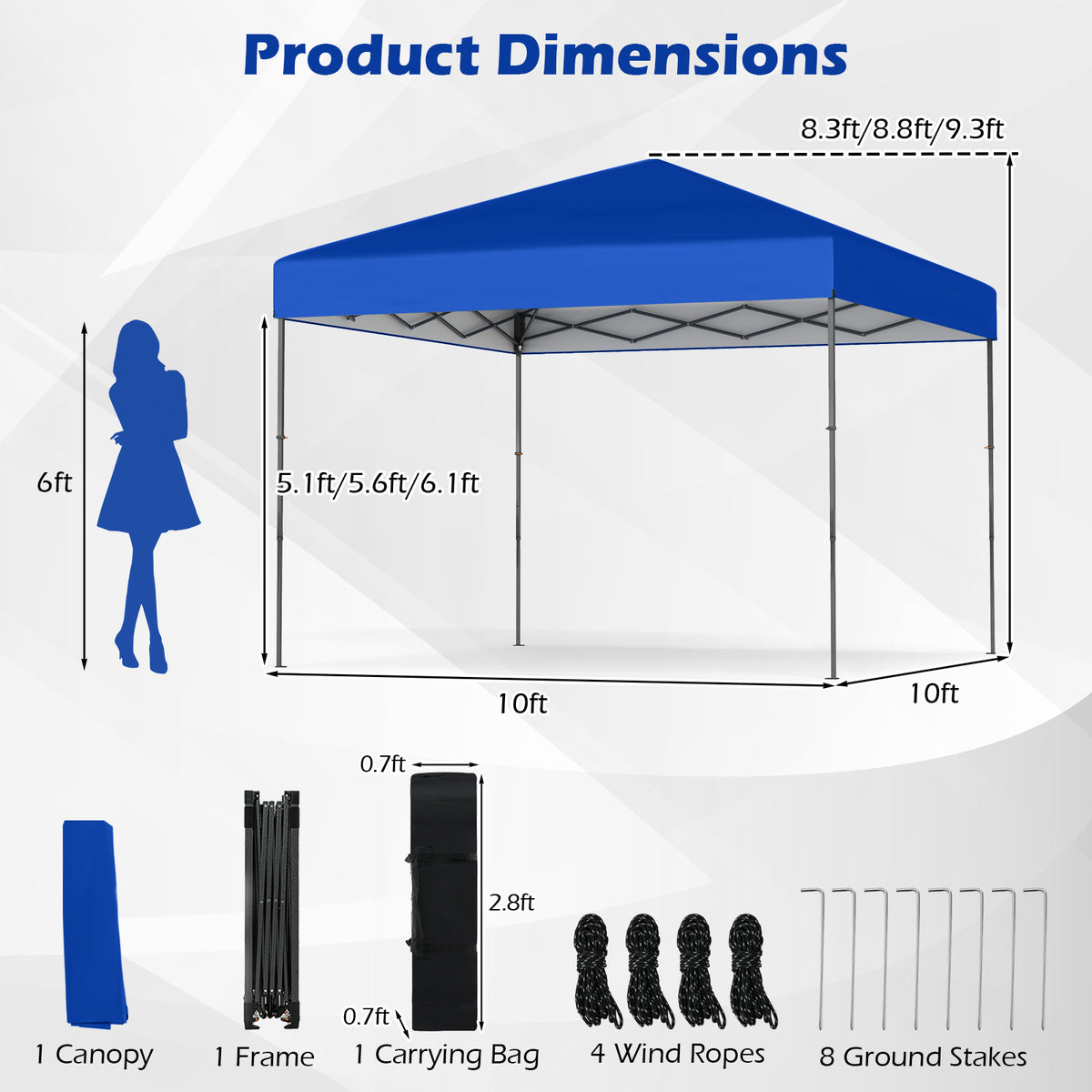 10 X 10 Feet Pop up Canopy Tent with Portable Carrying Bag and 8 Stakes-Blue-Canopies-DECOROLALA