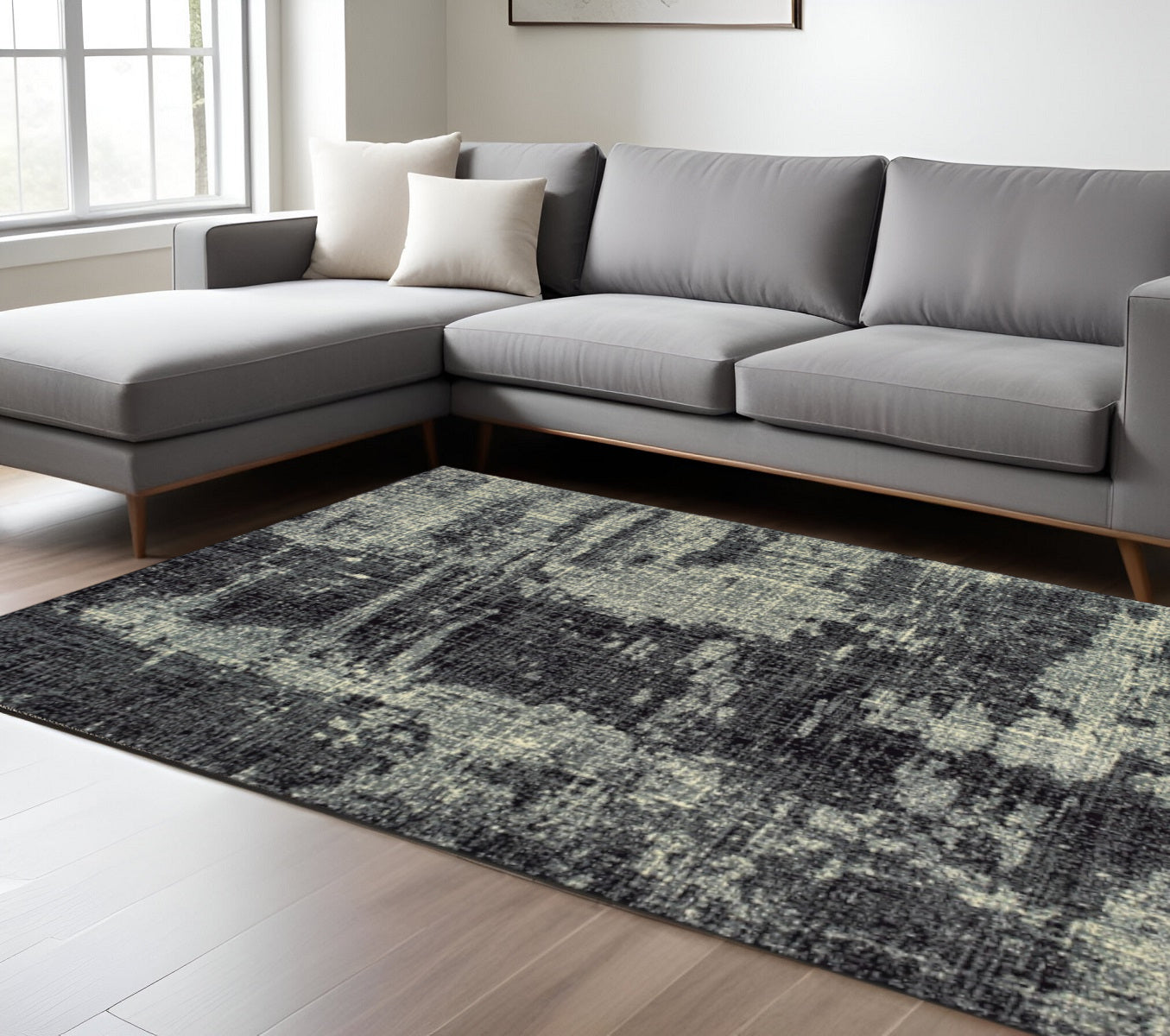 10' X 13' Black And Ivory Abstract Distressed Area Rug-Area Rugs-DECOROLALA