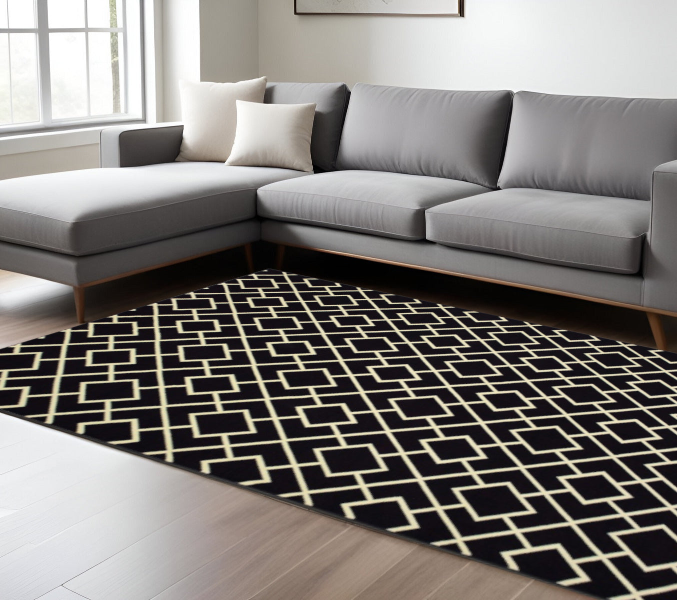 10' X 13' Black And Ivory Diamond Area Rug-Area Rugs-DECOROLALA
