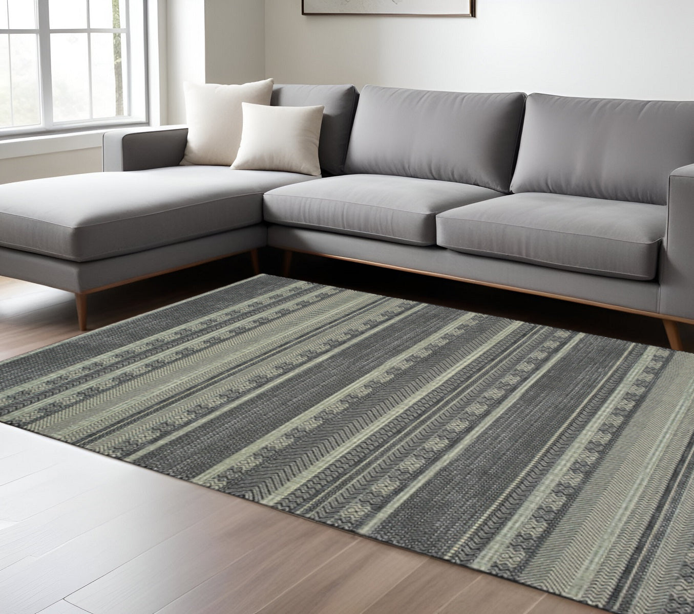 10' X 13' Black And Ivory Geometric Area Rug-Area Rugs-DECOROLALA