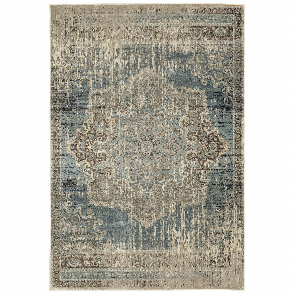 10' X 13' Blue And Ivory Medallion Area Rug-Area Rugs-DECOROLALA