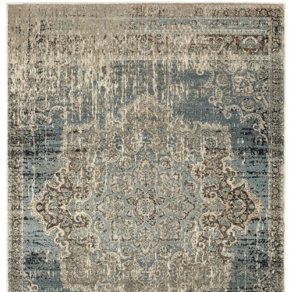 10' X 13' Blue And Ivory Medallion Area Rug-Area Rugs-DECOROLALA