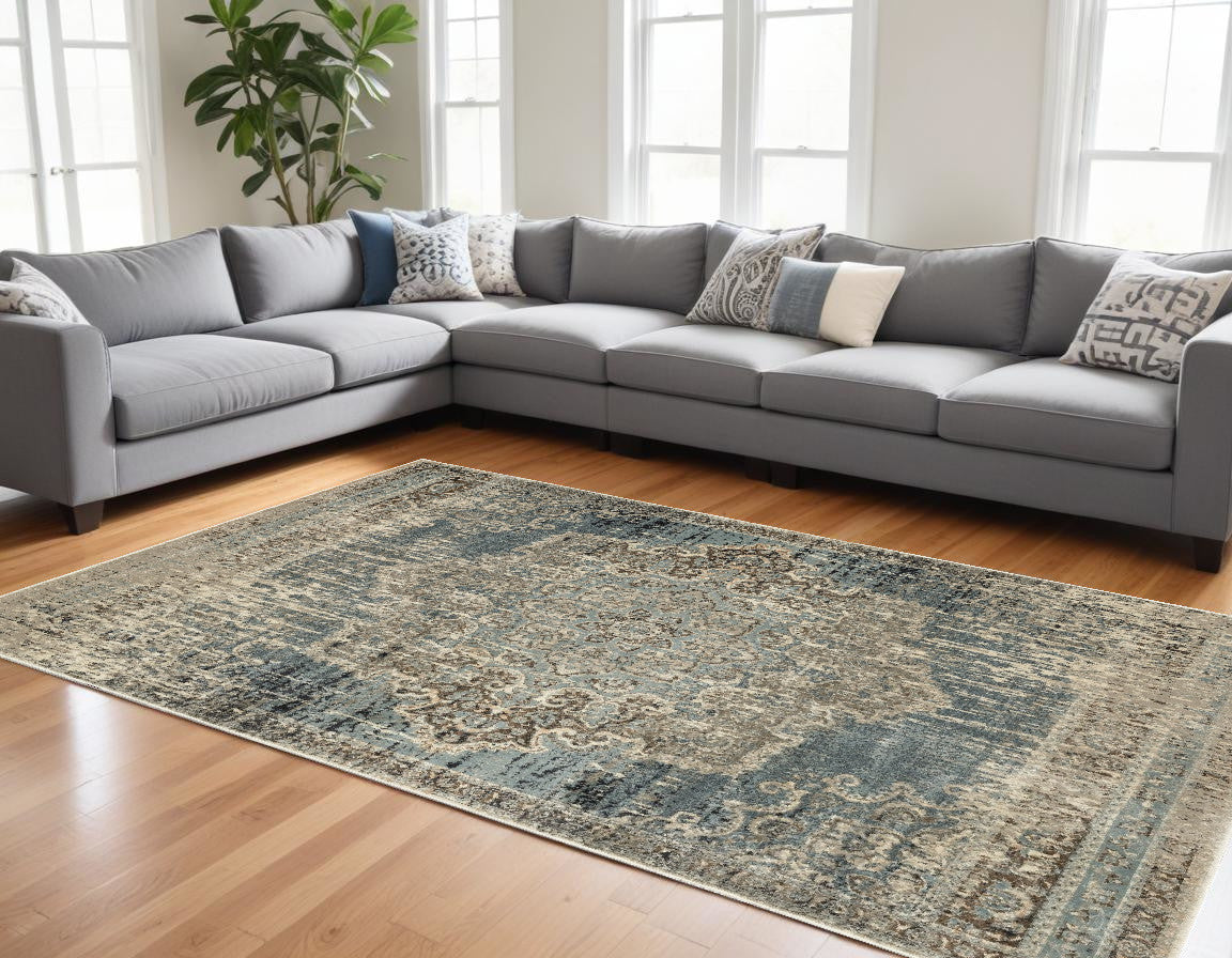 10' X 13' Blue And Ivory Medallion Area Rug-Area Rugs-DECOROLALA
