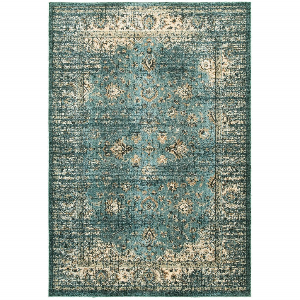 10' X 13' Blue And Ivory Medallion Distressed Area Rug-Area Rugs-DECOROLALA