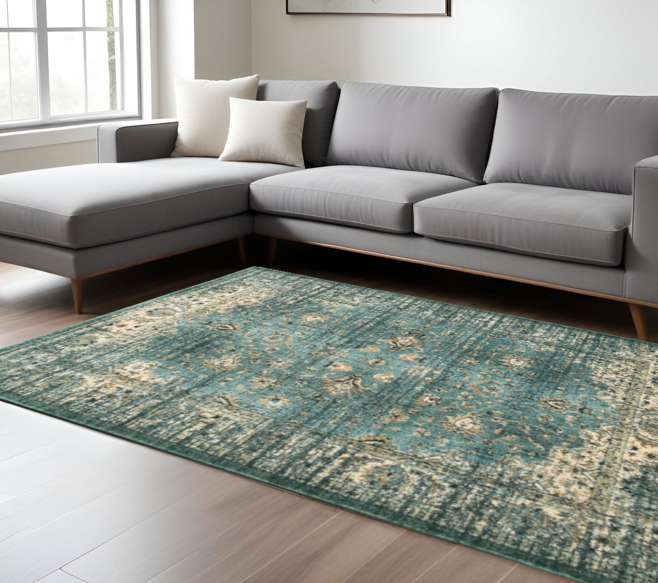 10' X 13' Blue And Ivory Medallion Distressed Area Rug-Area Rugs-DECOROLALA