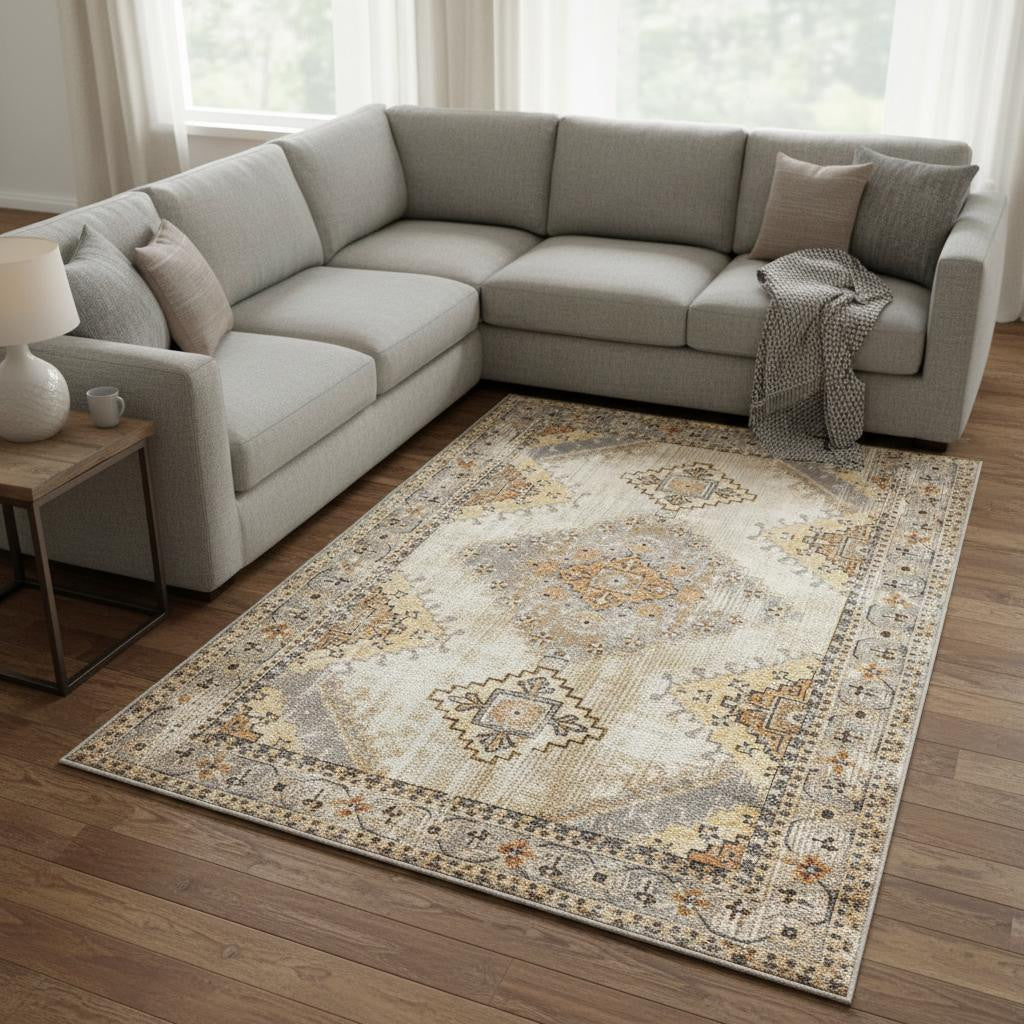 10' X 13' Gray And Beige Aztec Pattern Area Rug-Area Rugs-DECOROLALA