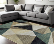 10' X 13' Gray And Teal Geometrics Indoor Area Rug-Area Rugs-DECOROLALA