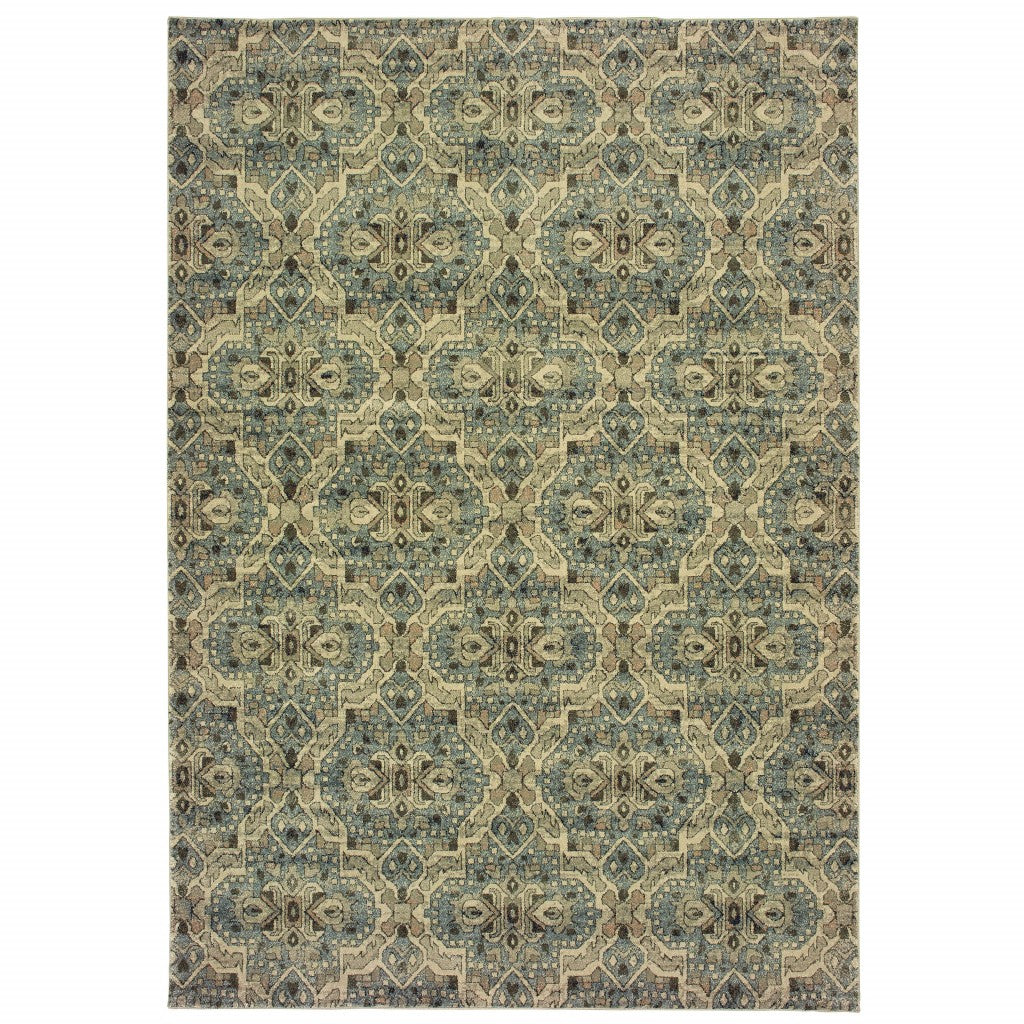 10' X 13' Ivory And Blue Geometric Area Rug-Area Rugs-DECOROLALA