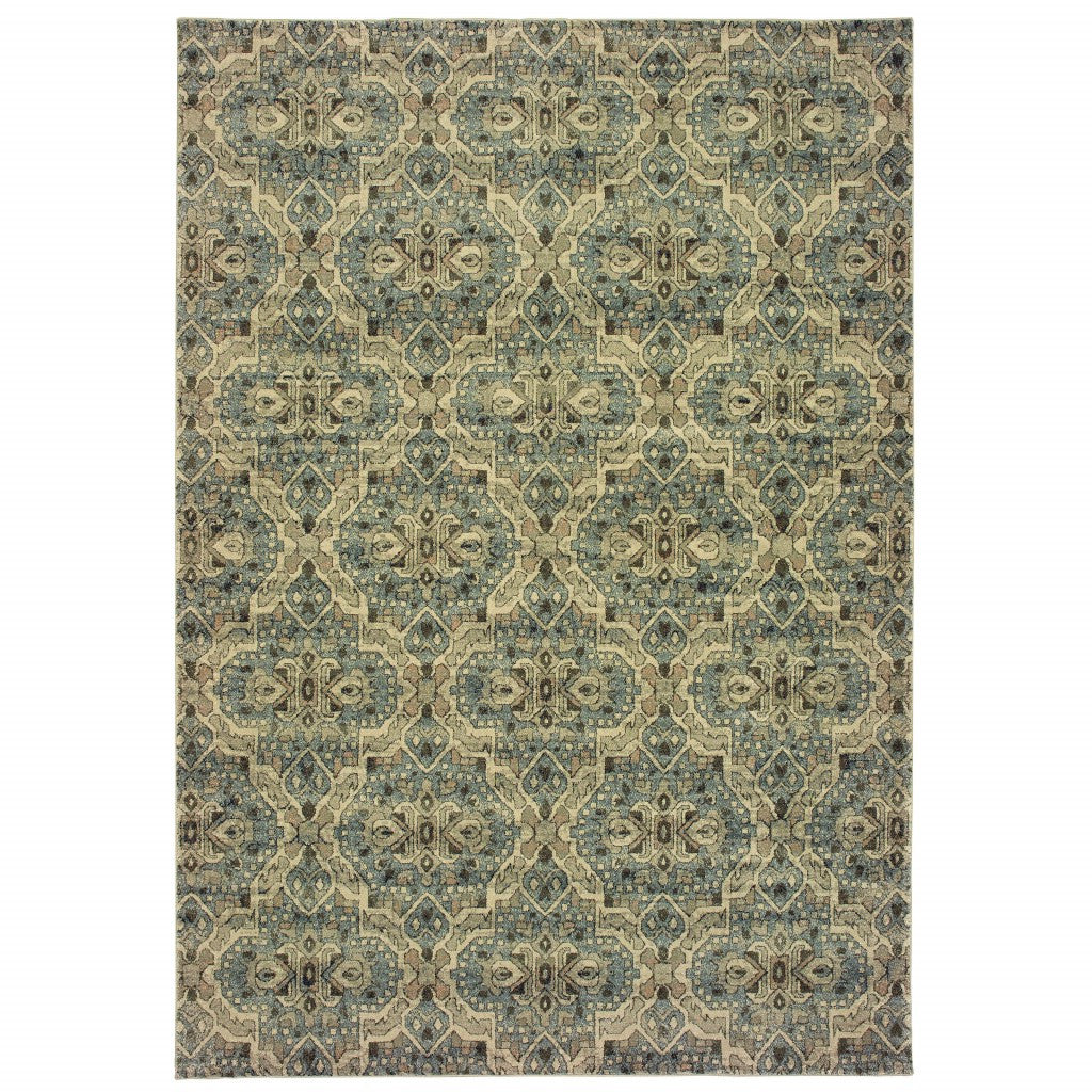 10' X 13' Ivory And Blue Geometric Area Rug-Area Rugs-DECOROLALA