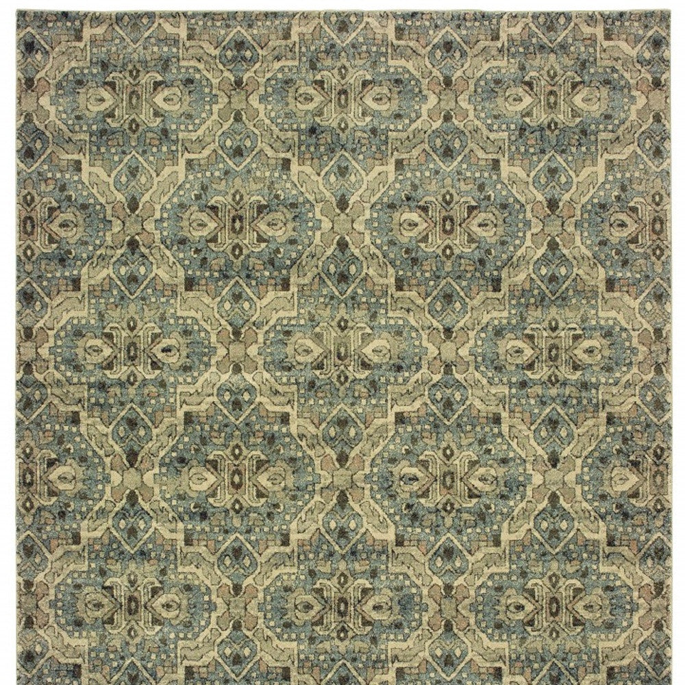 10' X 13' Ivory And Blue Geometric Area Rug-Area Rugs-DECOROLALA