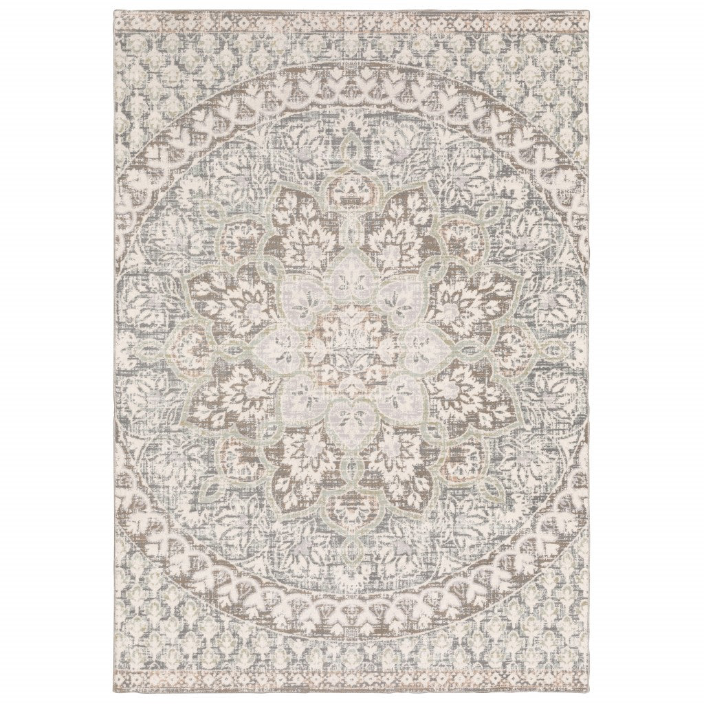 10' X 13' Ivory And Gray Medallion Distressed Area Rug-Area Rugs-DECOROLALA