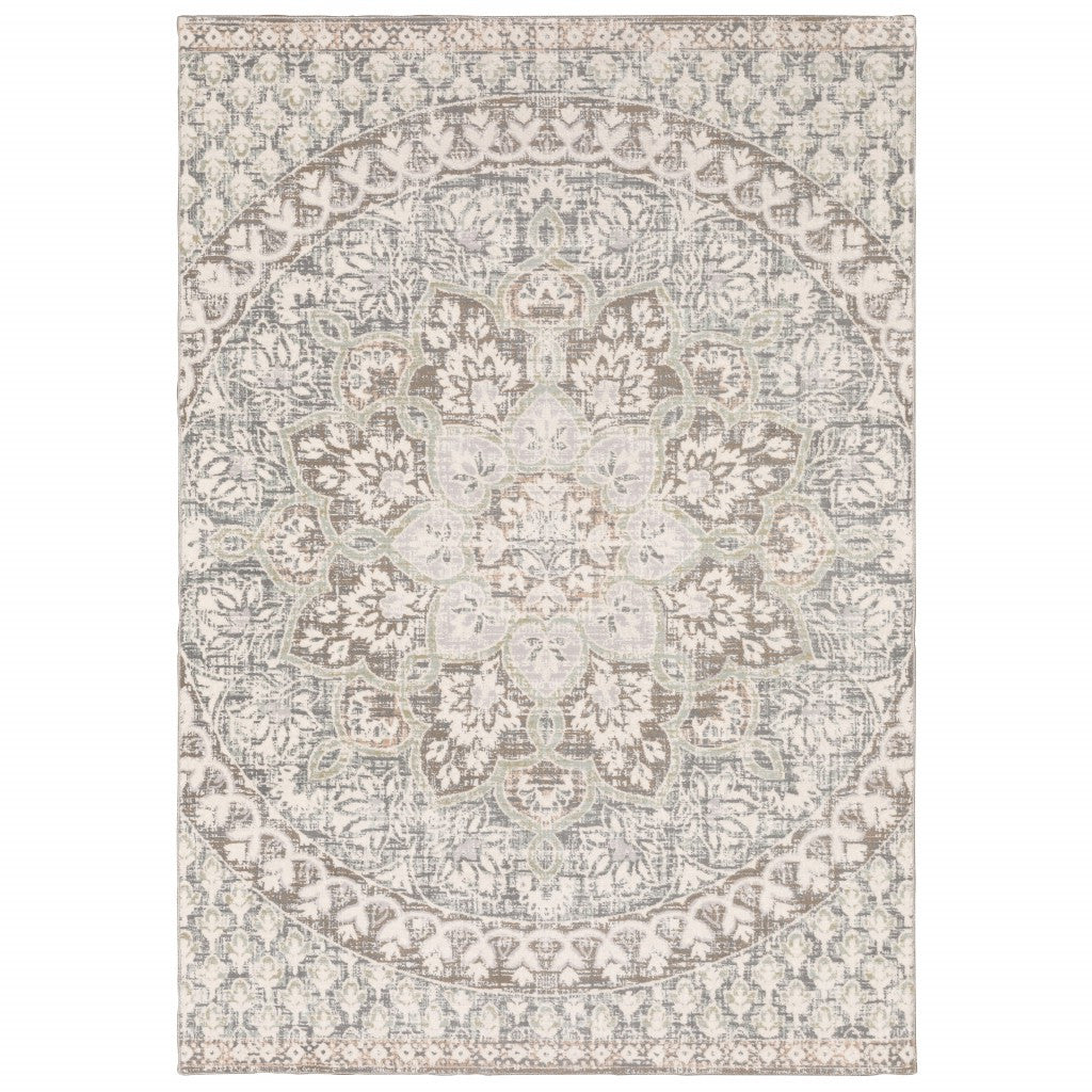 10' X 13' Ivory And Gray Medallion Distressed Area Rug-Area Rugs-DECOROLALA