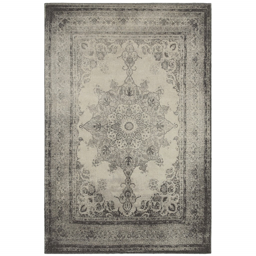 10' X 13' Ivory And Gray Pale Medallion Area Rug-Area Rugs-DECOROLALA