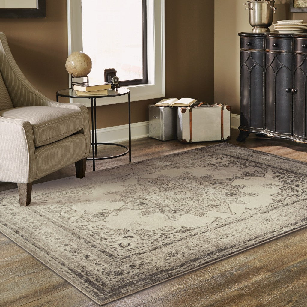 10' X 13' Ivory And Gray Pale Medallion Area Rug-Area Rugs-DECOROLALA