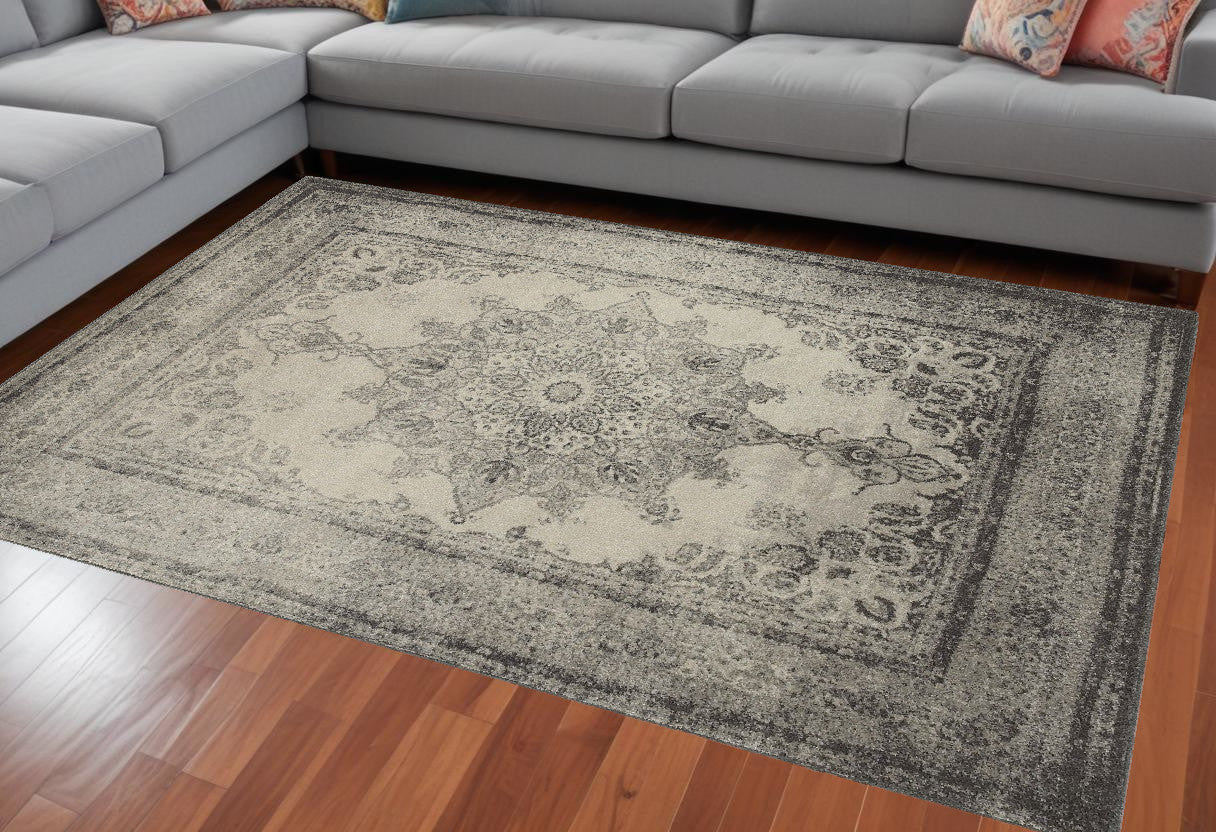 10' X 13' Ivory And Gray Pale Medallion Area Rug-Area Rugs-DECOROLALA