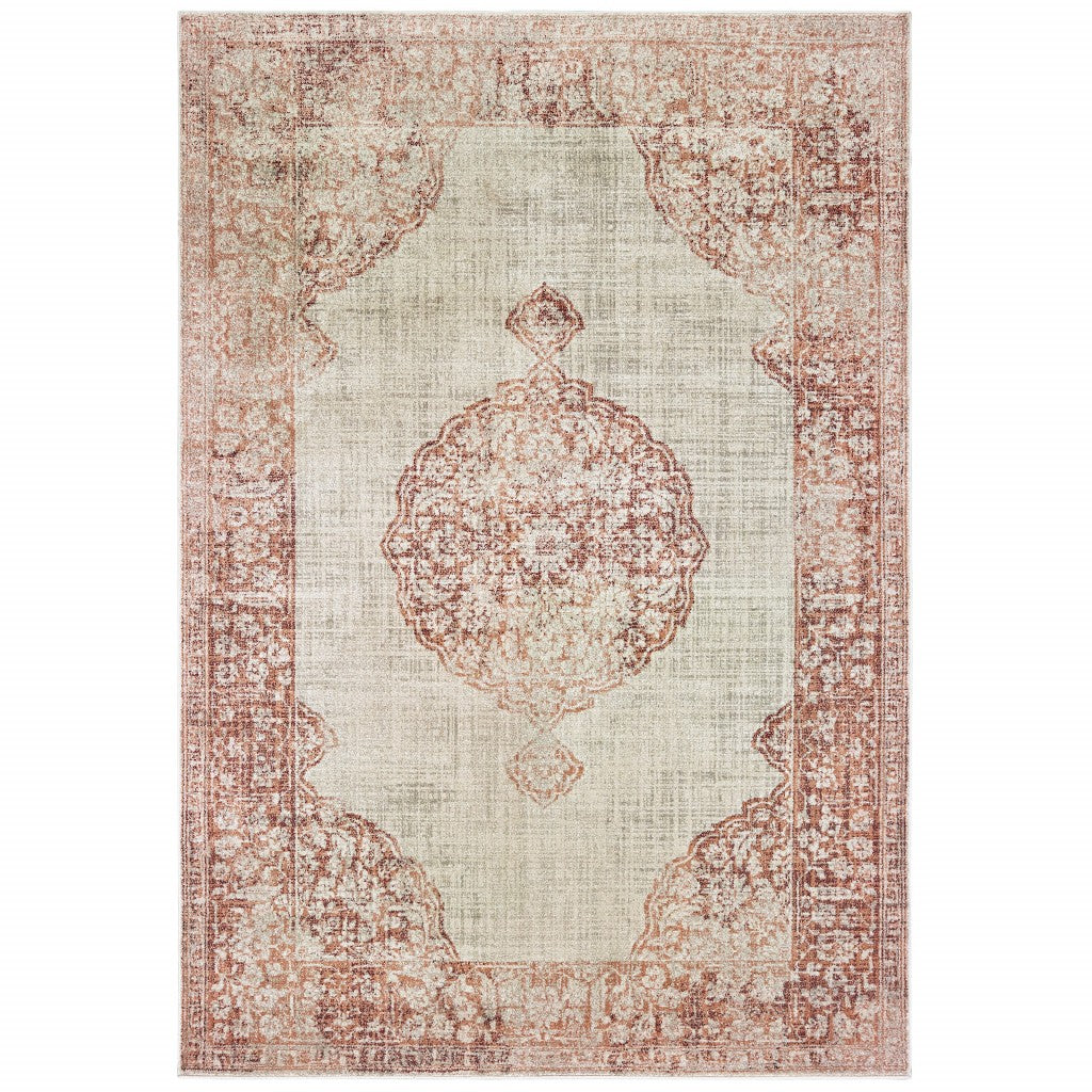 10' X 13' Ivory And Pink Medallion Area Rug-Area Rugs-DECOROLALA